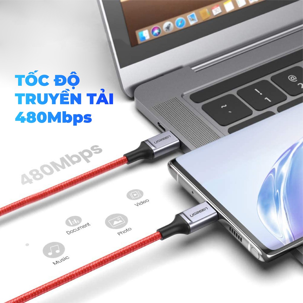 Cáp sạc và truyền dữ liệu 2 cổng USB type C PD 60W 3A bện nylon 1m US296 60186