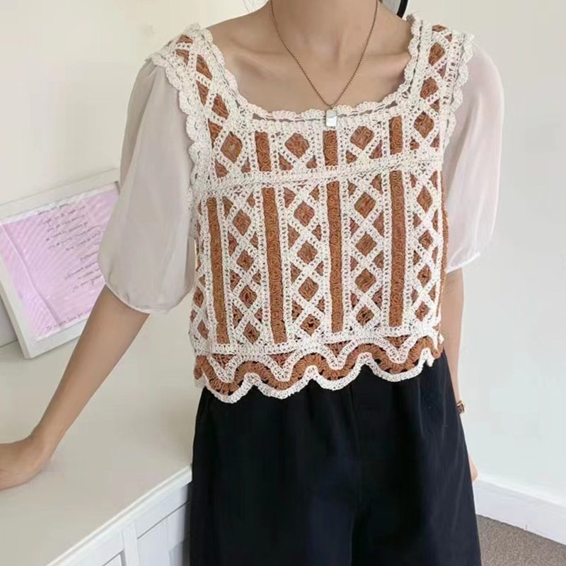 Brroa Áo Croptop Dệt Kim Chiffon Tay Lửng Cổ Vuông Phối Màu Tương Phản Kiểu Pháp Cho Nữ