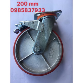 Bánh xe 200 mm xoay khóa chất liệu PU chịu dàu mỡ tai Máy NTT dùng lắp xe đẩy hàng nhẹ nhàng êm ái