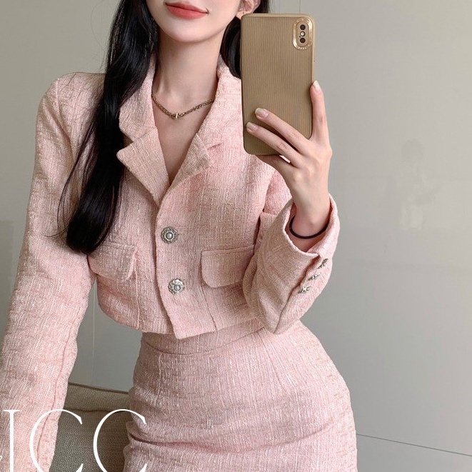 Set Áo Váy Dạ Tweed Màu Hồng Siêu Sang Chảnh Có Ảnh Thật AC022