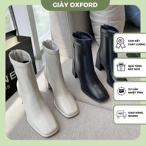 Giày boots nữ cao cổ, giày da nữ mũi vuông khóa sau cao gót 5cm lửng thời trang hàn quốc đi chơi C1053