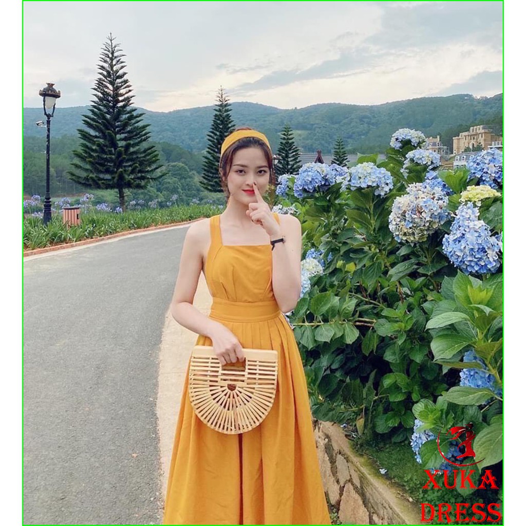 Đầm dự tiệc💙Hàng cao cấp💙maxi màu vàng 2 dây đi biển xinh đẹp,chất Lụa mềm mại