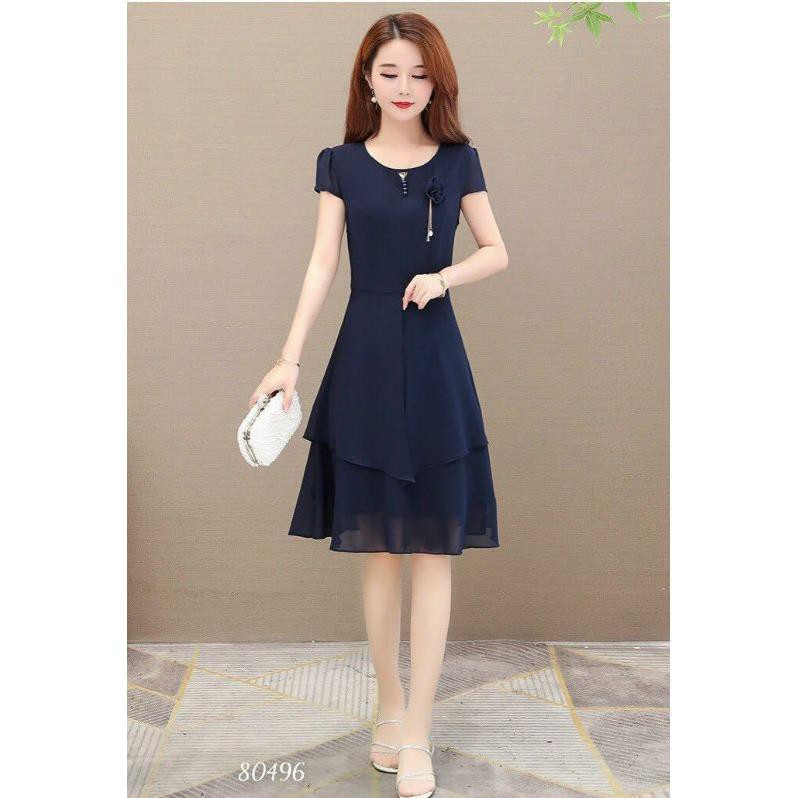 < size M, L, XL > Đầm nữ dáng xòe Chất chiffon 2 lớp cao cấp, thiết kế chuẩn dáng, kết hoa vải gắn ngọc  ཾ