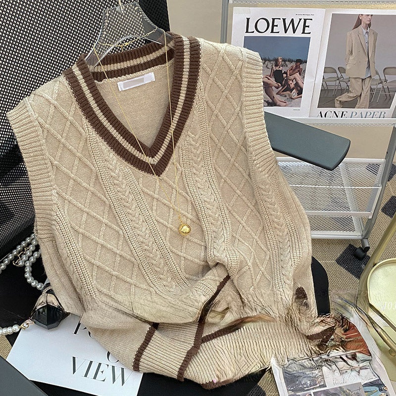 Áo Dệt Kim Sát Nách Cổ Chữ V Màu Sắc Tương Phản Thời Trang Mùa Thu Cho Nữ