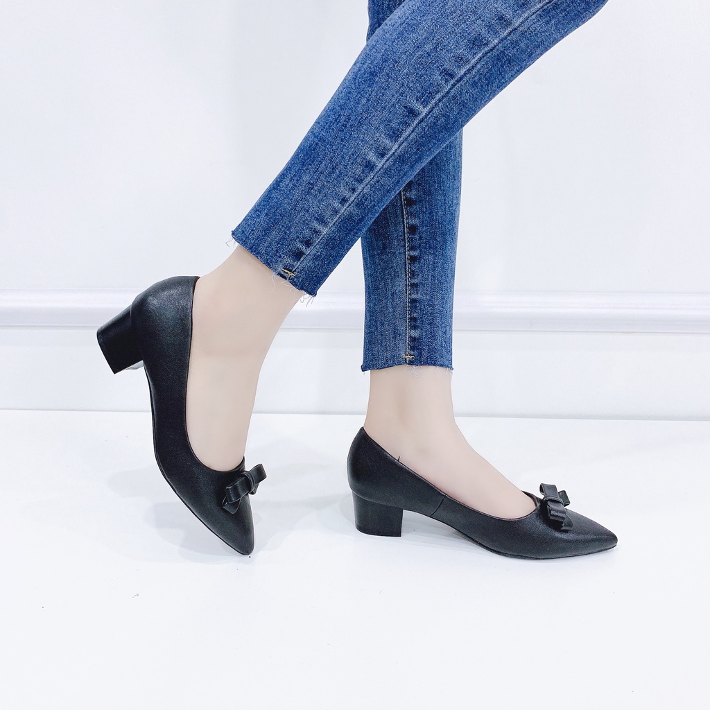 Giày cao gót 3cm gót vuông mũi nhọn nơ nhỏ - D810
