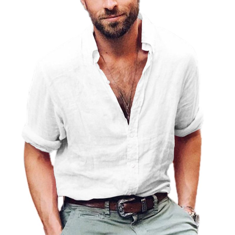 Áo Sơ Mi Vải Lanh Dài Tay Dáng Rộng Cổ Chữ V Thời Trang Mùa Hè Cho Nam Giới Size M-3XL