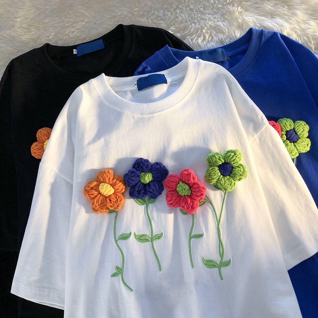 Áo Thun Ngắn Tay In Họa Tiết Hoa Nhỏ Màu Xanh Dương Phong Cách Âu Mỹ Thời Trang Mùa Hè 2022