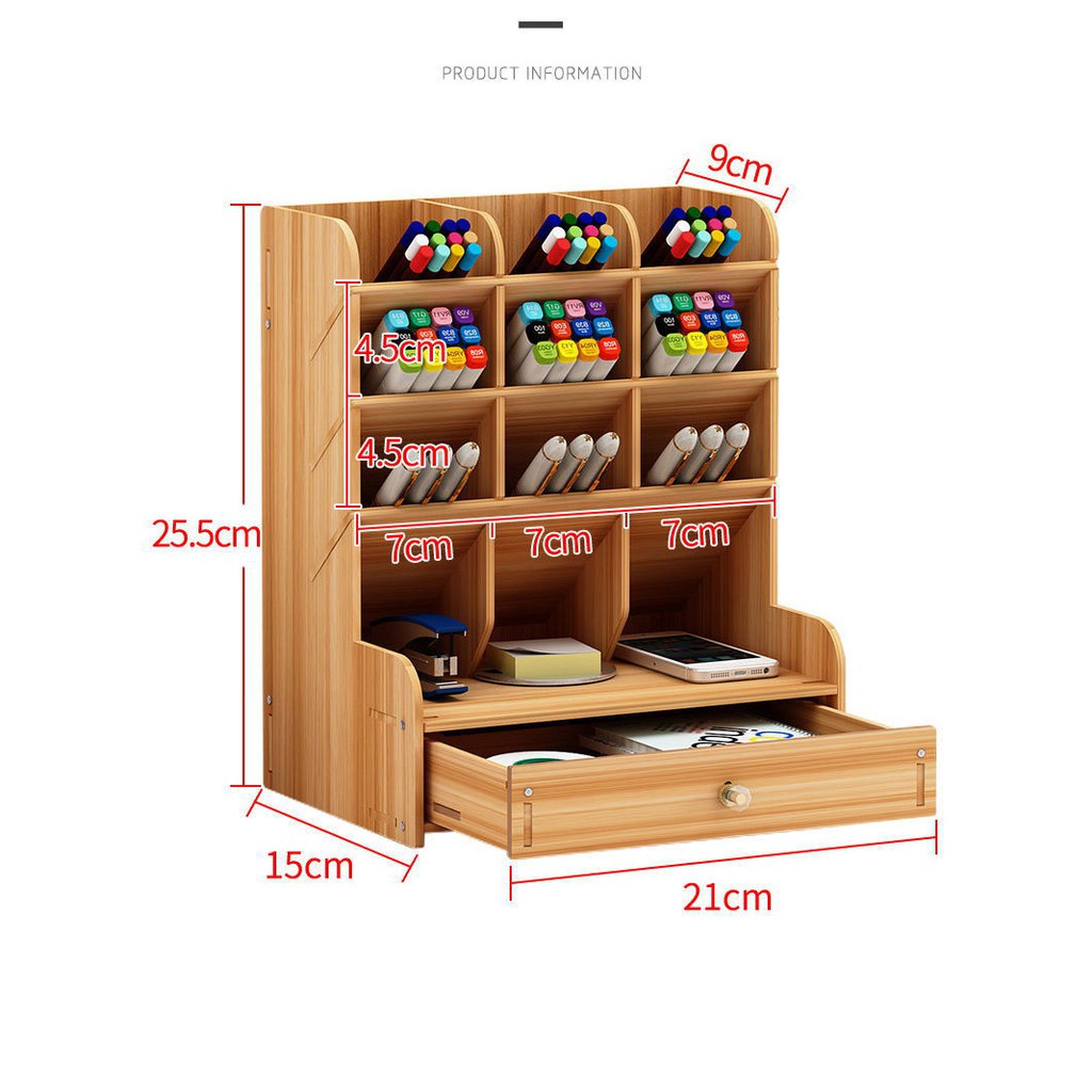 Tủ kệ gỗ văn phòng phẩm, tủ gỗ đựng bút có ngăn kéo (màu nâu gỗ) - B11 - Tủ thời trang Bắc Âu