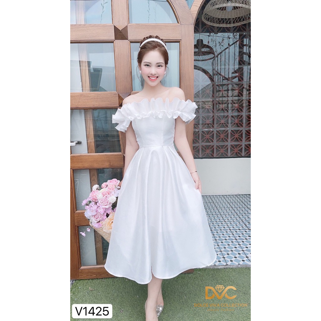 Váy xòe trắng trễ vai V1425 - Đẹp Shop DVC (Kèm ảnh thật trải sàn do shop tự chụp)