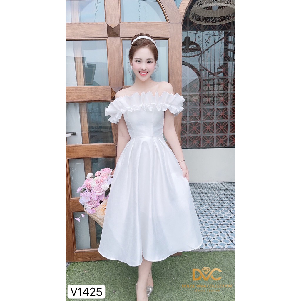 Váy xòe trắng trễ vai V1425 - Đẹp Shop DVC (Kèm ảnh thật trải sàn do shop tự chụp) | BigBuy360 - bigbuy360.vn