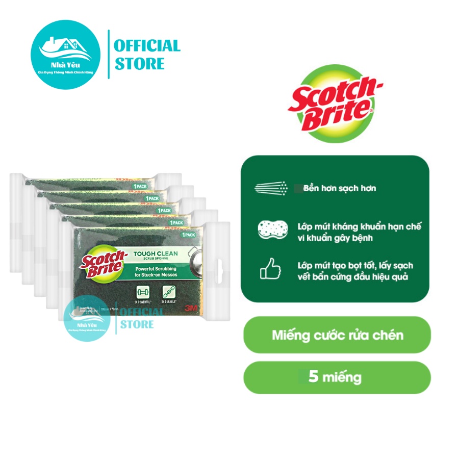 Combo 5 Miếng Rửa Chén Bát 3M Scotch Brite Thế Hệ Mới Kháng Khuẩn,Siêu Sạch Gấp 3 Lần Miếng Rửa Chén Thông Thường