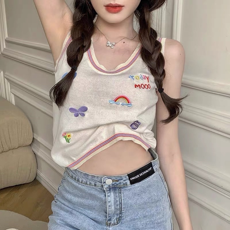 Áo len ba lỗ thêu sticker cầu vòng, hoa, bướm siêu dễ thương-form croptop vừa phù hợp các bạn gái trẻ trung, năng động
