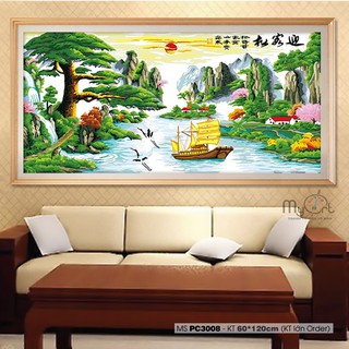 Tranh sơn dầu số hóa tranh tô màu khổ lớn - Mã PC3008 Tùng nghênh khách Tranh sơn thủy Non nước hữu tình