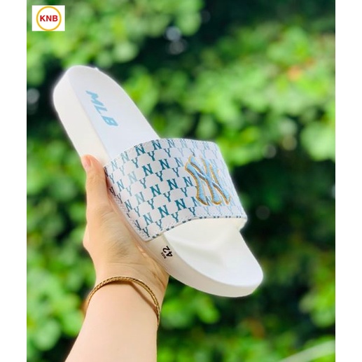 Dép 𝐌𝐋𝐁 UNISEX mẫu dép thể thao ❤️ Freeship + Hộp ❤️ Dép NY bóng chày quai ngang nam nữ chữ thêu nỗi kèm mác trắng xanh