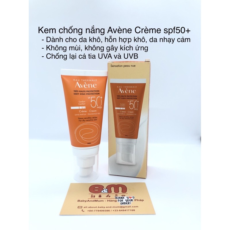 Kem chống nắng Avene Creme spf 50 cho da khô, hỗn hợp thiên khô 50ml [Hàng Pháp]