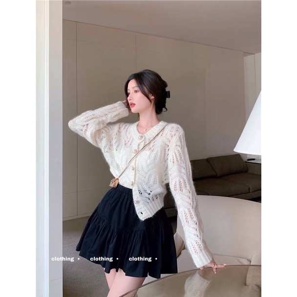 Set áo sơ mi len ren dệt kim phối chân váy xoè