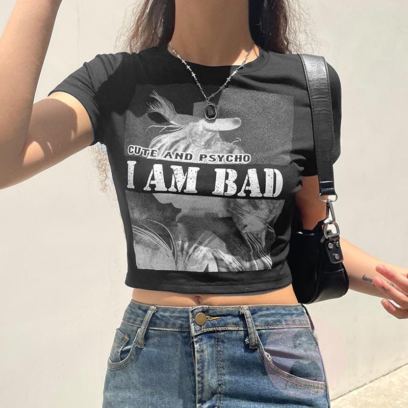Áo Thun Nữ Ngắn Tay Cổ Tròn In Chữ Độc Đáo Màu Đen Size S/M/L