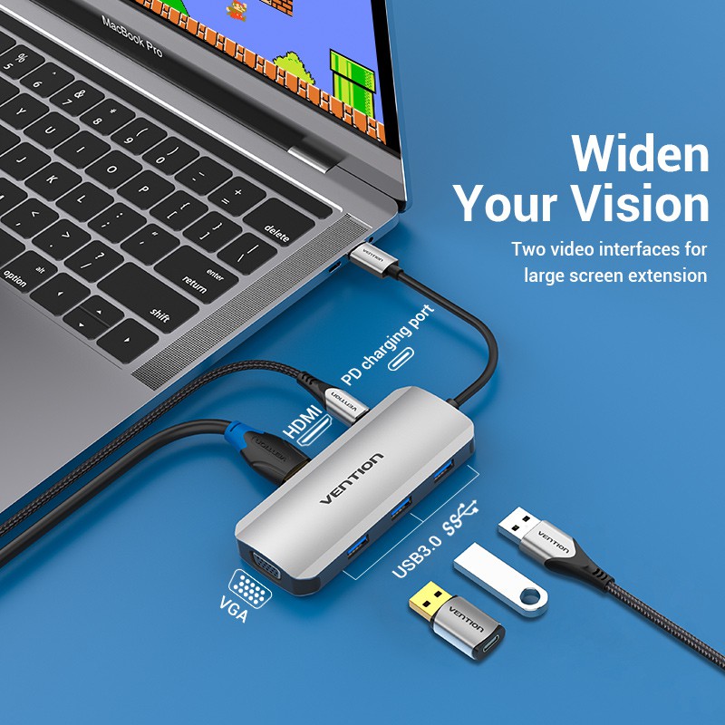 Hub USB Vention chuyển đổi cổng Type C sang HDMI/USB 3.0/VGA/PD 6 trong 1 cho Laptop/máy tính