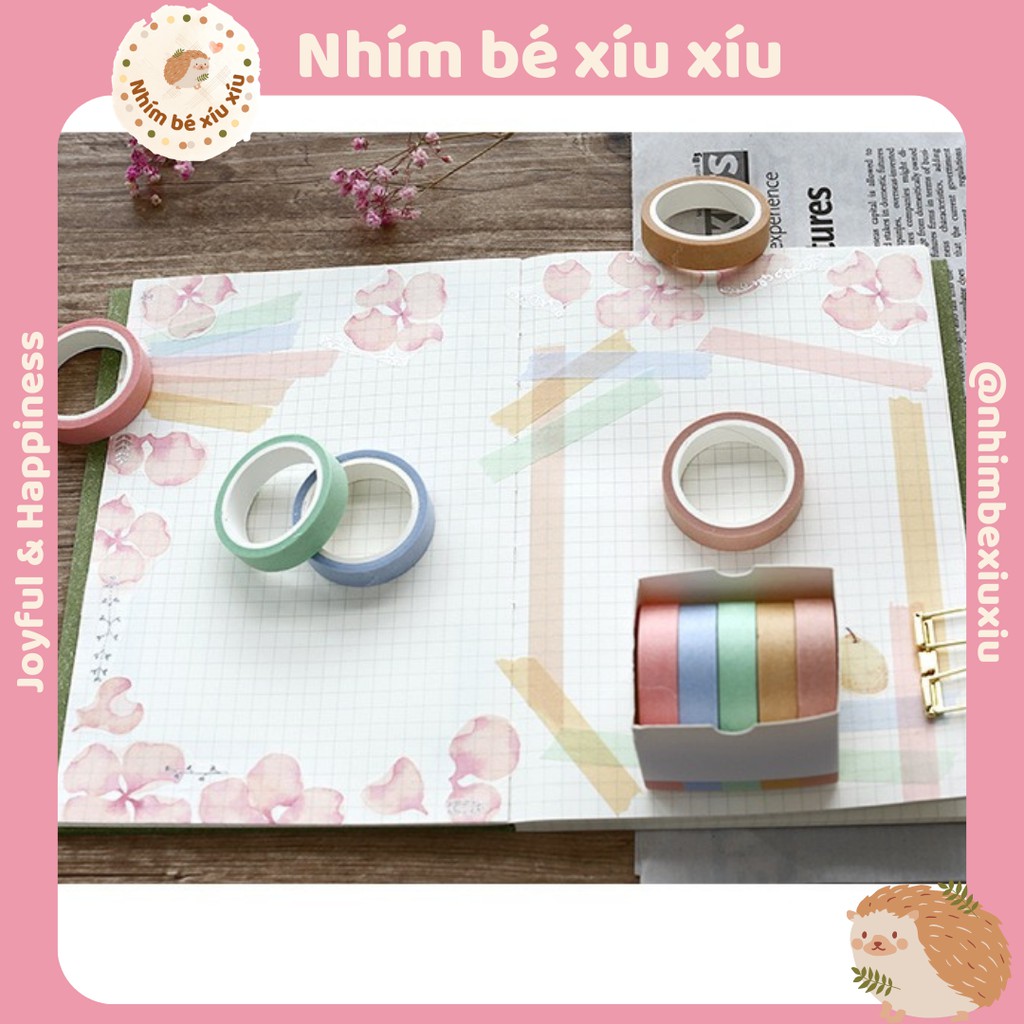 Hộp 5 cuộn washi tape tone màu trầm vintage băng dính trang trí sổ tay bullet journal take note