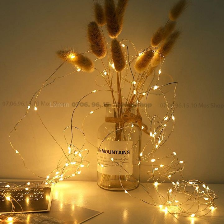 Dây đèn led trang trí dùng pin nhiều (màu trắng, vàng, lá, dương, hồng, bảy màu) Mos Shop