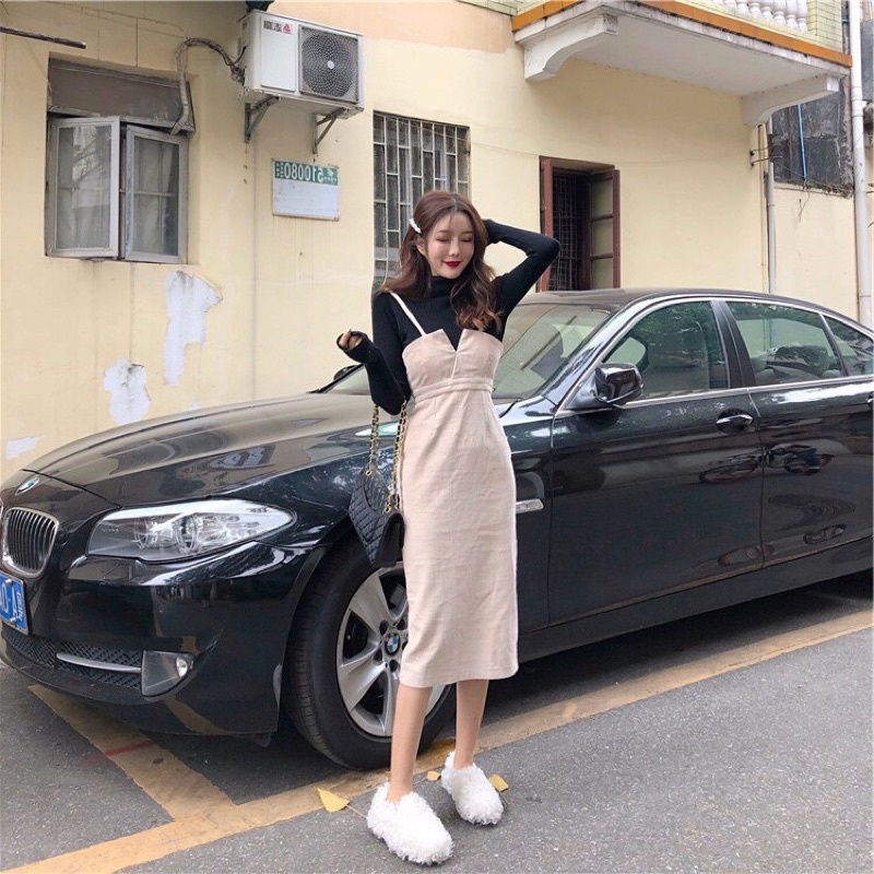 ⚡️BÁN SỈ⚡️Set váy yếm phối áo len tăm đen