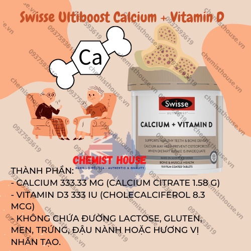 Viên uống hỗ trợ xương chắc khỏe loãng xương bổ sung canxi Úc Swisse Ultiboost Calcium + Vitamin D HSD Xa