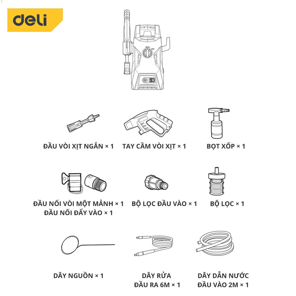 Máy Xịt Rửa DELI Áp Lực Cao - Bảo Hành 36 Tháng - Phun Rửa Đa Năng, Tối Đa Công Suất, Tiết Kiệm Điện Năng - Dáng Đứng .