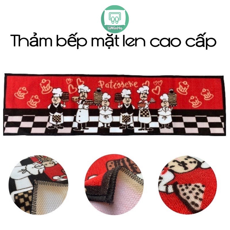 Thảm bếp dài cao cấp cỡ to mặt len thấm nước, mặt đế cao su chống trơn thảm trang trí nhà bếp màu đỏ