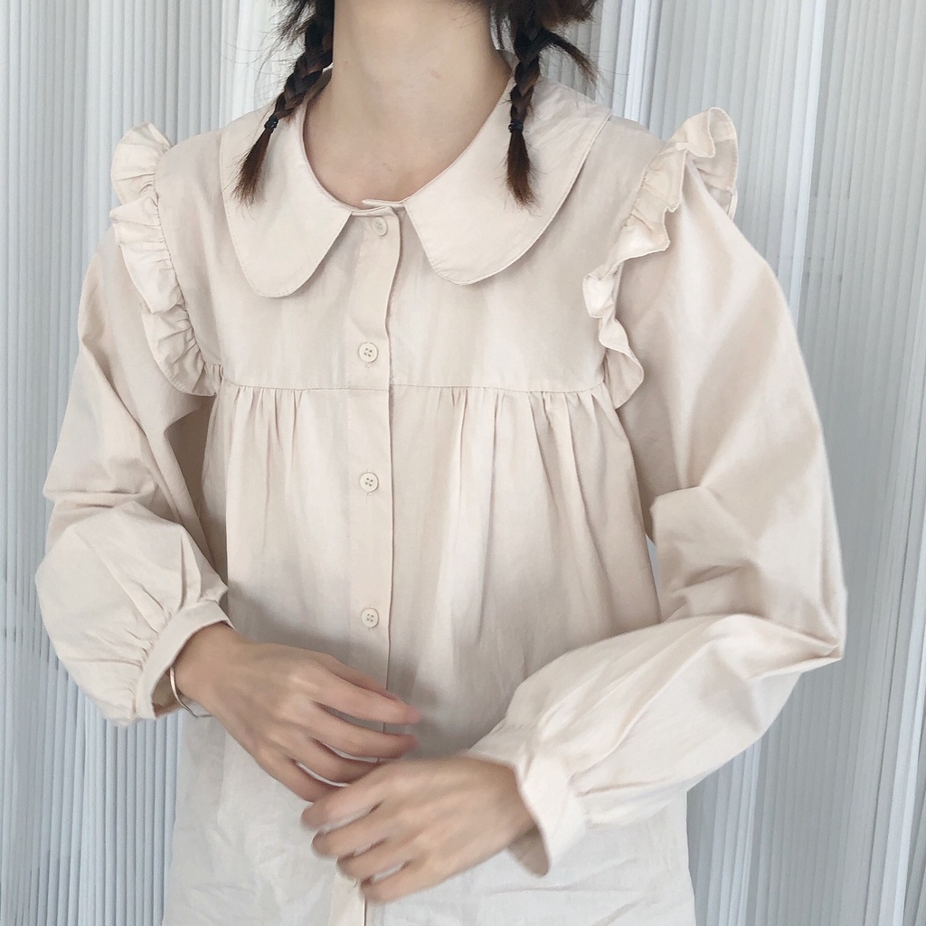 Áo sơ mi cổ sen viền bèo vai tay bồng 2 màu ulzzang
