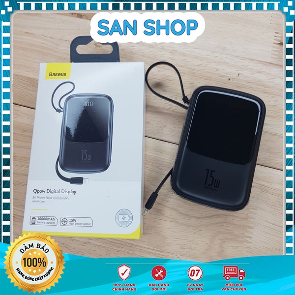 (BH 12 tháng) Sạc Dự Phòng Baseus Qpow Digital Display 3A Sạc Nhanh 15w 10.000mah Có Kèm Cáp Sạc Iphone Lightning