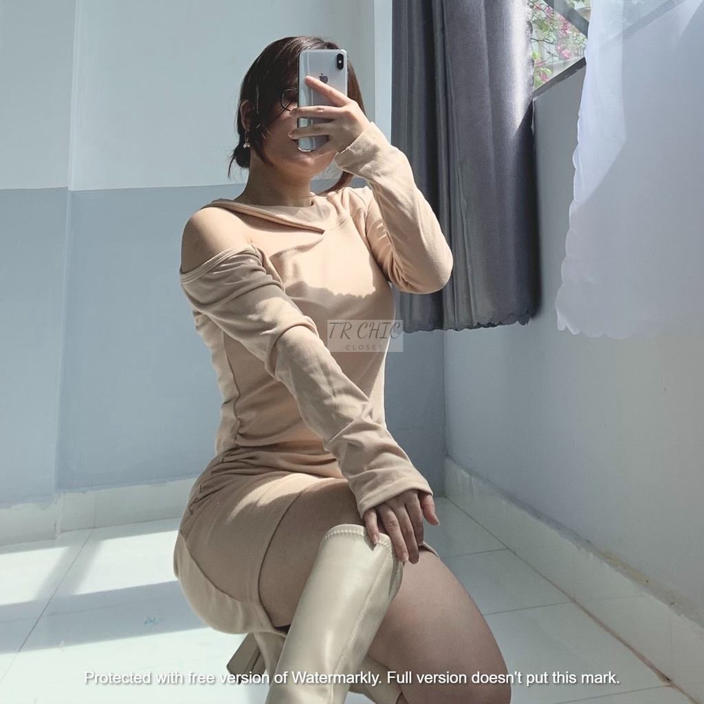 Đầm Váy Nữ Dài Tay Body Khoét Vai Rút Hông Sexy