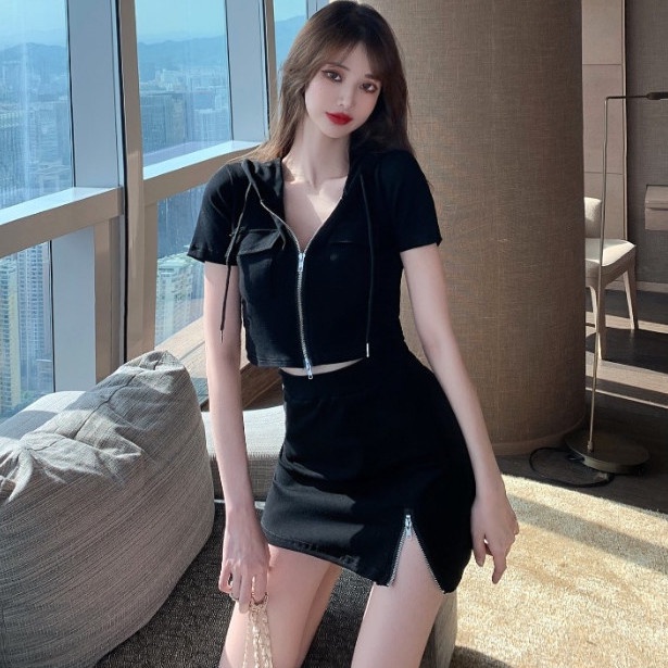 Set áo khoác có mũ + chân váy ngắn phong cách thể thao thời trang Hàn Quốc mùa hè năm 2021 mới