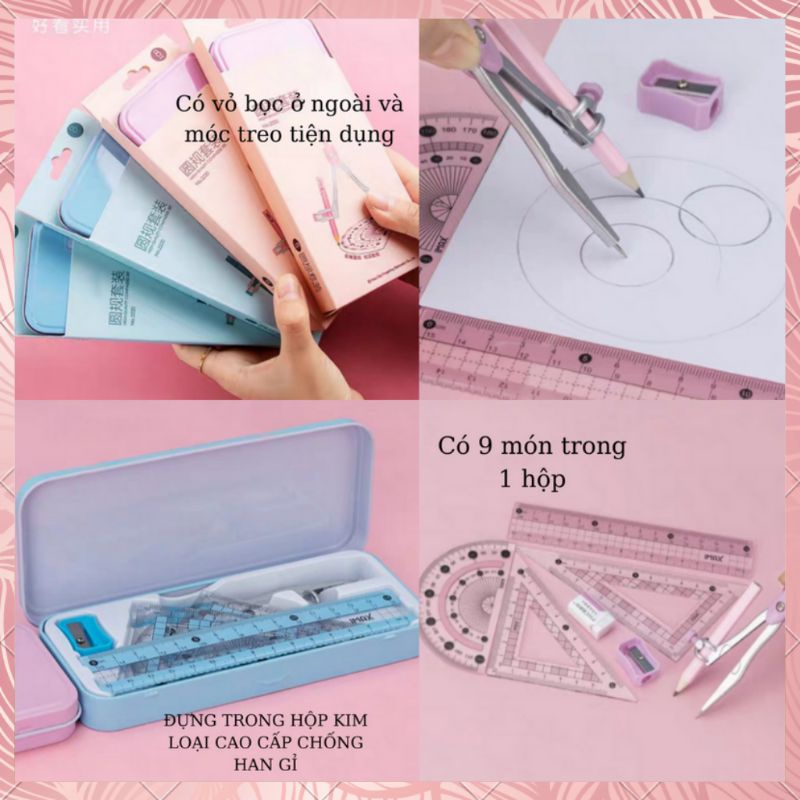 Bộ Compa Và EKe Cao Cấp 9 Món 🌏FREE SHIP🌎 Hộp Thước Kẻ Chuyên Dùng Cho Học Sinh