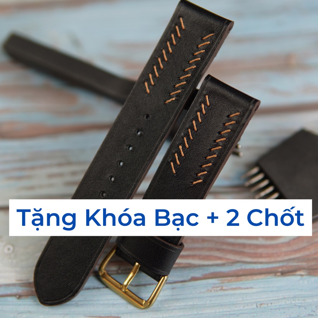 Dây đồng hồ da bò 2 mặt, dây da đồng hồ cao cấp handmade khâu tay thủ công size 18mm, 20mm, 22mm, 24mm