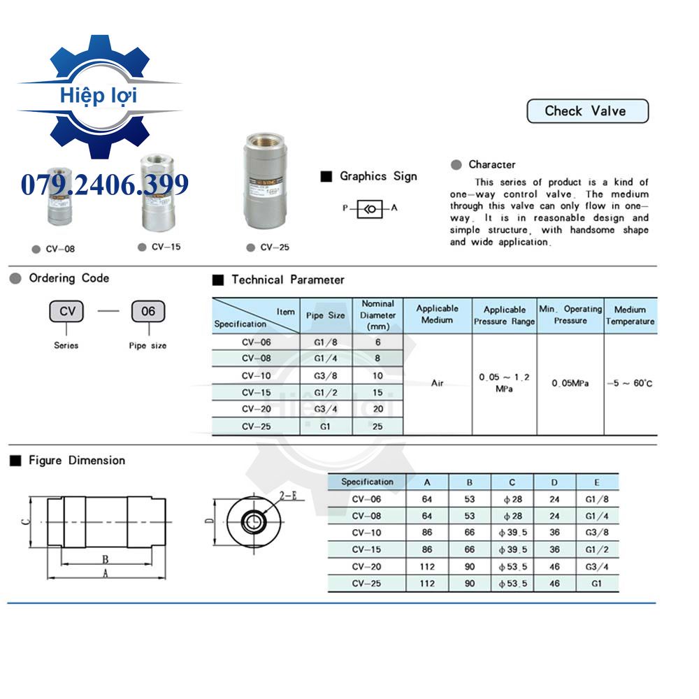 Van một chiều khí nén CV06/08/10/15/20/25/35/40/50