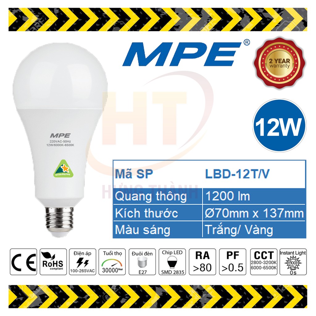 Bóng đèn LED Bulb 12W MPE (Trắng/ Vàng)