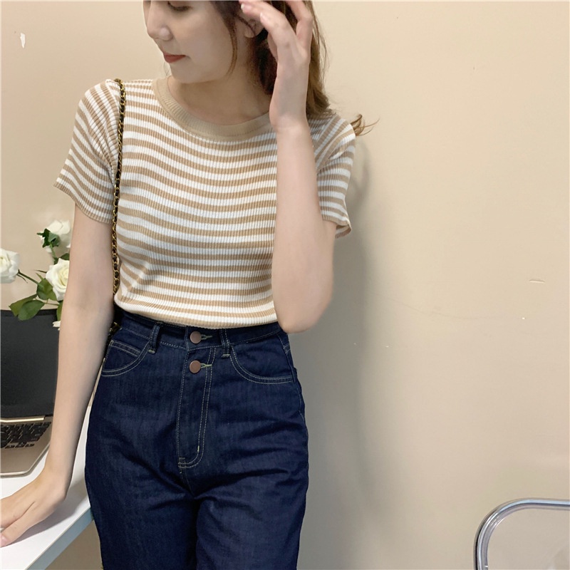 Áo Thun Croptop Gân Tăm Tay Ngắn Họa Tiết Kẻ Sọc Kiểu Hàn Quốc Thời Trang 2022