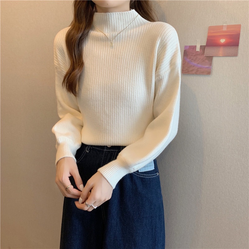 Áo dệt kim tay dài cổ cao giản đơn phong cách Hàn thanh lịch dễ phối đồ