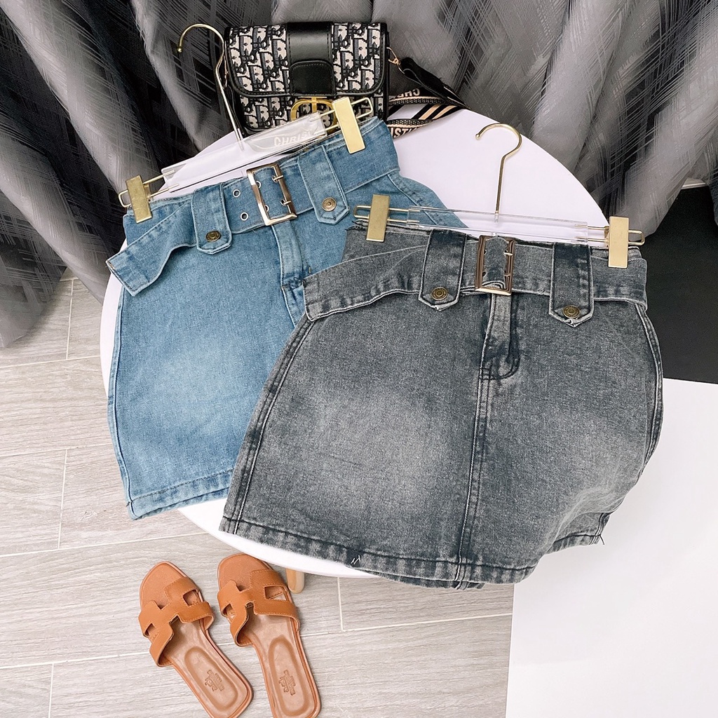 Chân Váy Bò Kèm Đai Bản To Nữ -Skirt jean dáng ngắn thiết kế thắt lưng cá tính có quần hàn quốc Về 2 màu xanh, khói