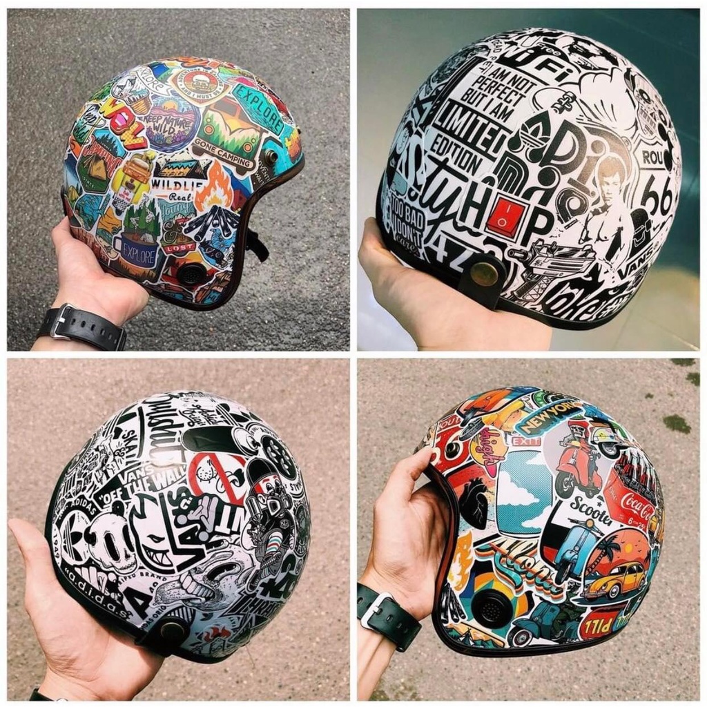 Set sticker dán, custom mũ bảo hiểm nửa đầu, nón bảo hiểm 3 phần 4, laptop, ván trượt chống thấm nước, chống bay màu