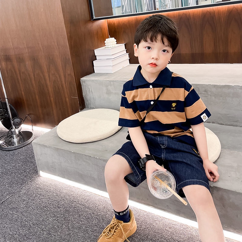 Áo polo Cotton Tay Ngắn Họa Tiết Kẻ Sọc Thời Trang Mùa Hè Nhật Bản Dành Cho Bé Trai