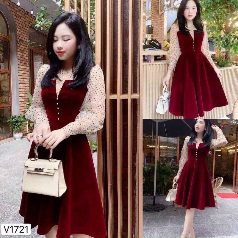 váy nhung phối cổ bi VNS0121024