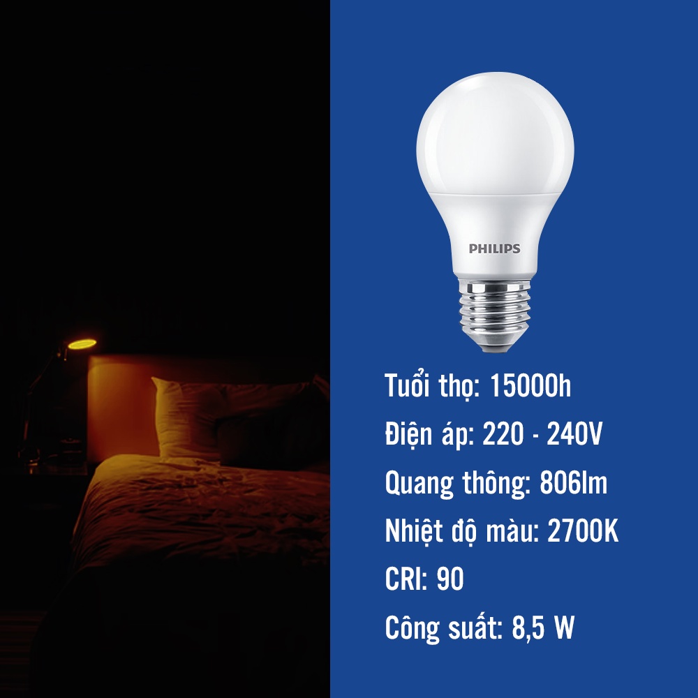 Bóng đèn Philips Ledbulb 8.5-60W E27 A60 FR DIM - Màu ánh sáng ( vàng 2700K) (01 bóng)