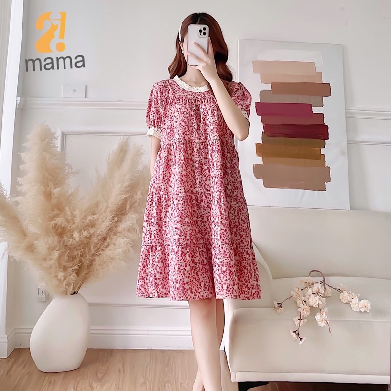 Váy bầu thiết kế hoa nhí 2MAMA,cổ ren, mùa hè ngắn tay, xinh xắn Vintage