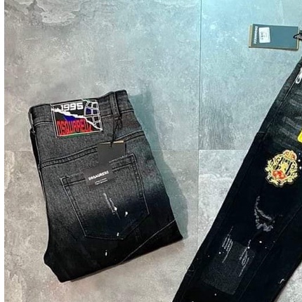 Quần bò ngố nam dài Đen rách nhẹ, thêu EVS vẫy sơn khóa kéo lệch mẫu mới 2022 đẹp phong cách, vải co giản giá rẻ