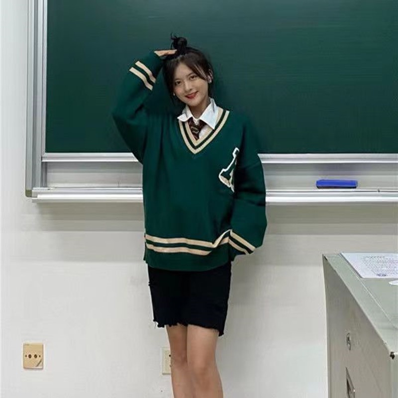 SUXI Áo Sweater Dệt Kim Tay Dài Dáng Rộng Cổ Chữ V Màu Sắc Tương Phản Phong Cách Hàn Quốc