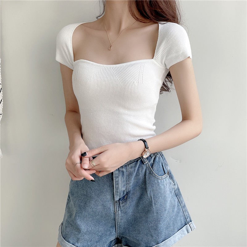 Áo Croptop Tay Ngắn Cổ Chữ V Màu Sắc Quyến Rũ Thời Trang Xuân Hè