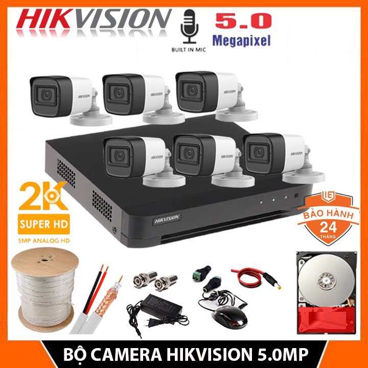 Trọn Bộ Camera giám sát 5/6/7/8 HIKVISION 5.0MP [2K] Có Micro, kèm HDD đầy đủ phụ kiện