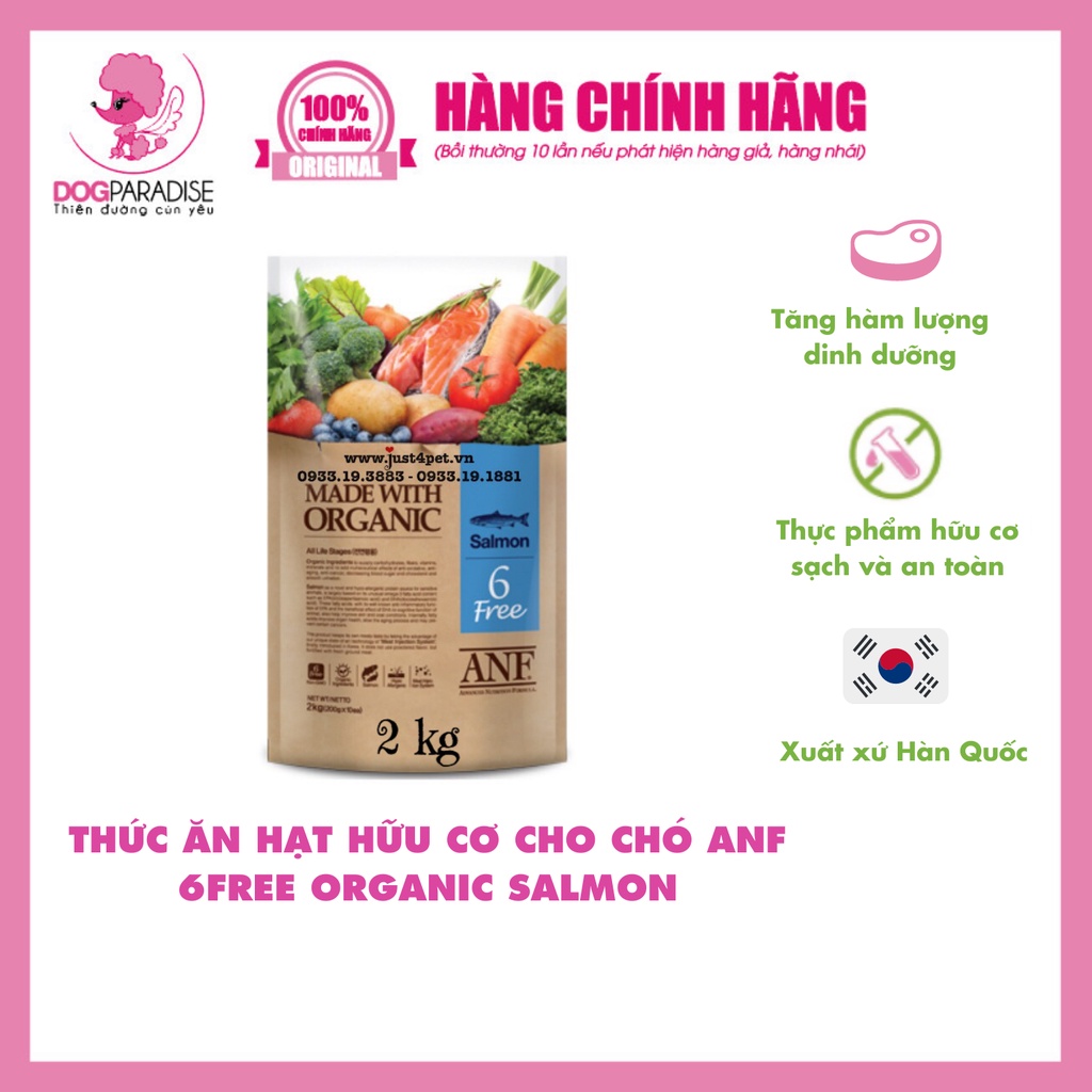 Thức ăn hạt hữu cơ cho chó ANF 6FREE Organic Salmon nhiều hương vị thơm ngon