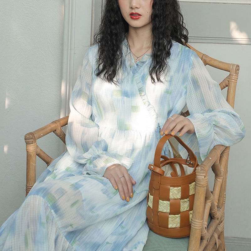 Đầm Tay Dài Sọc Ca Rô Phong Cách Hàn Quốc Trẻ Trung Nhẹ Nhàng Cho Nữ